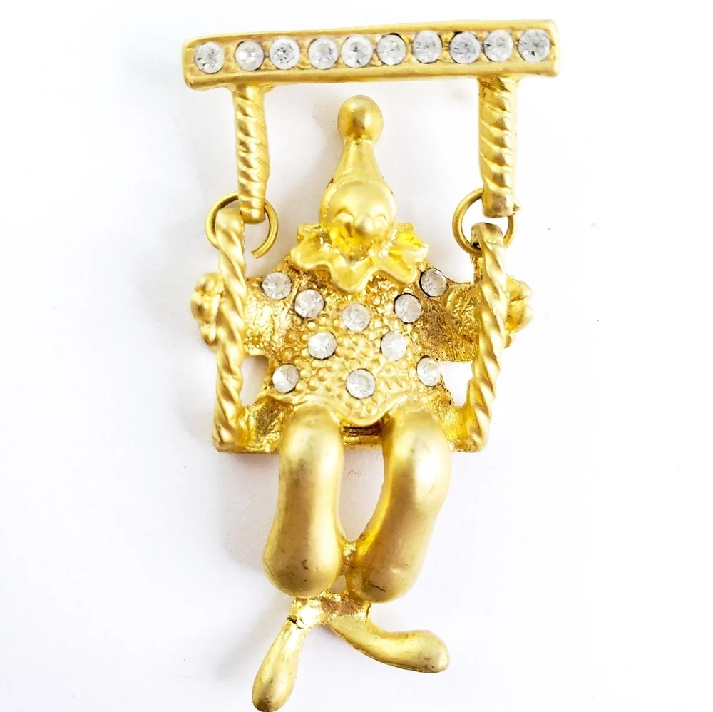 Vintage Brooch Clown Pin Gold + Rhinestones